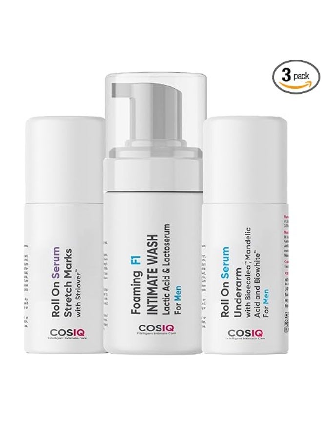 CosIQ مجموعة العناية الحميمة للرجال من COS-IQ، سيروم رول-أون لعلامات التمدد 40 مل، سيروم تحت الإبط 40 مل، غسول حميمي 100 مل - Image 1